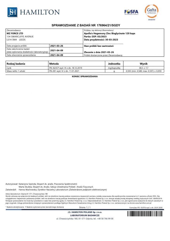 Badanie Apollo's Hegemony Zinc Bisglycinate